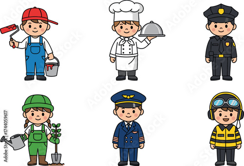 Cartoon professionals illustration, kids career education, occupational characters, colorful uniforms, job roles, painter, chef, police officer, pilot, firefighter, gardener, career awareness