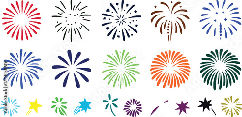 Illustration of colorful fireworks and star shapes on white background