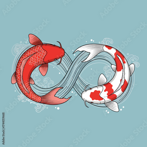 Stunning dual koi fish gracefully swimming in an eternal infinity loop design with flowing water elements