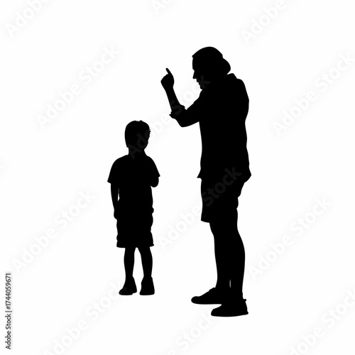 Silhouette of speech therapist helping child with pronunciation exercises isolated on white background
