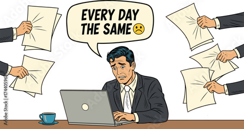 Cartoon office stress illustration, overwhelmed businessman at desk, repetitive work routine, unhappy expression, paperwork overload, vector art, burnout concept
