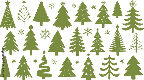 Various christmas tree illustrations with snowflakes on white backdrop