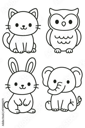 A collection of cute cartoon animals, including a cat, an owl, a rabbit and an elephant