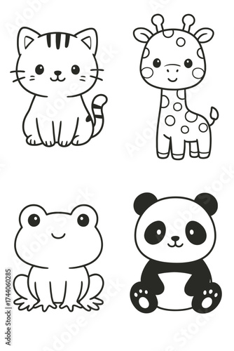 Cute and adorable animal illustrations, featuring a cat, giraffe, frog, and panda. These delightful creatures are perfect for various creative projects