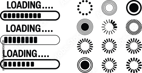 Various loading symbols and progress bars in black and white design