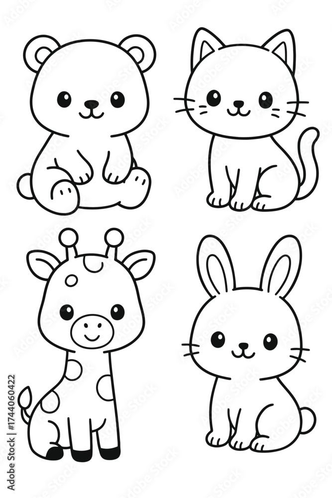 Fototapeta premium Adorable cartoon animals: bear, cat, giraffe, and rabbit. This whimsical image is perfect for a children's project.