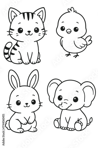 A collection of cute and charming cartoon animals. Featuring a kitten, chick, rabbit, and elephant