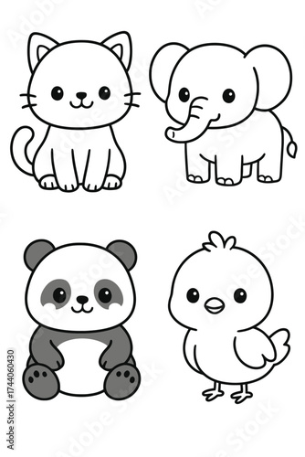 Adorable cartoon animals including cat, elephant, panda, and chick in a minimalist drawing style