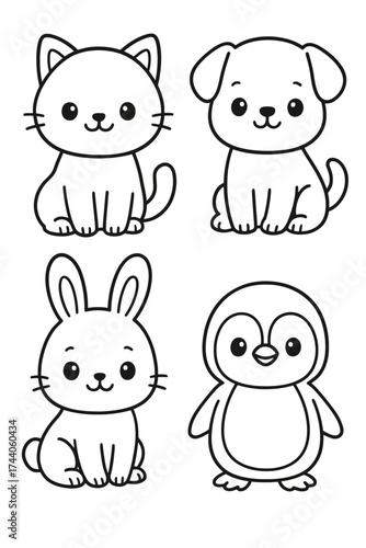 Adorable cartoon animals: cat, dog, bunny, and penguin. These cute characters are perfect for a variety of design projects.