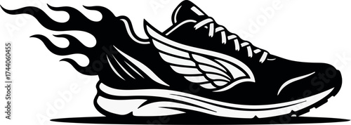 Dynamic black running shoe with fiery wings symbolizing speed and performance on white