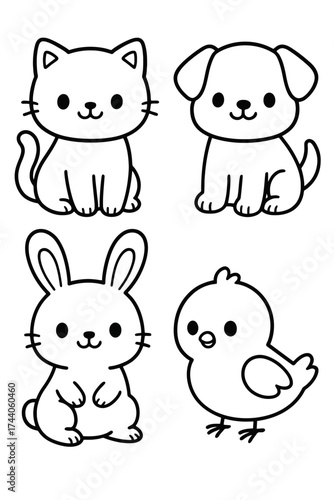 Cute illustrations of four different animals, including a cat, a dog, a bunny, and a chick. They're drawn with adorable, simplistic details