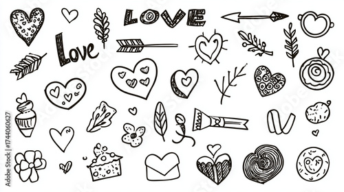 A set of Valentine's Day doodles. Love-themed illustrations for design. Wedding elements, hearts, and romantic icons. Love clip art, arrows, text, rings, letters, flowers, and sweets.