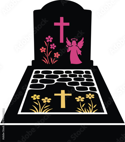Serene black granite gravestone illustration with pink cross, angel, and floral motifs, offering a peaceful and colorful memorial design.