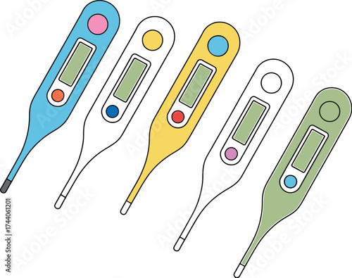 Five colorful digital thermometers arranged in a row on white background