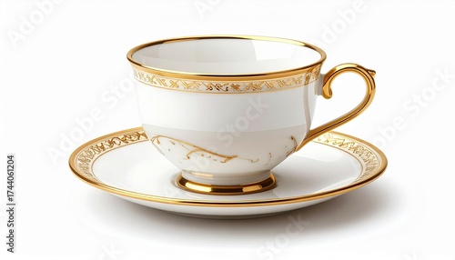 A realistic porcelain teacup with saucer and delicate gold trim isolated on white background

