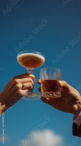 Woman's Hand Holding Coupe Glass for Celebration Against Blue Sky