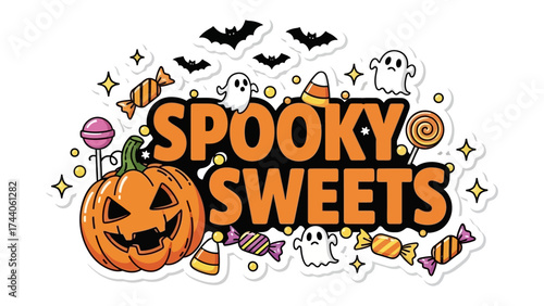 Spooky Sweets Illustration: A whimsical Halloween illustration featuring a grinning jack-o'-lantern, friendly ghosts, candy corn, and treats against a backdrop of playful bats.