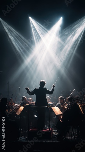 Powerful Conductor Leading Orchestra in Passionate Performance with Dramatic Lighting and Engaged Musicians