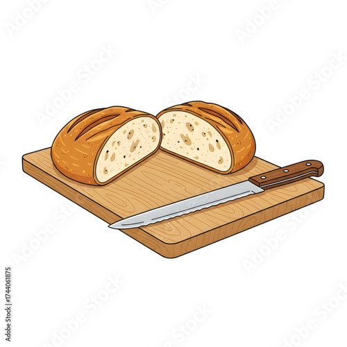An inviting illustration of a crusty loaf of homemade sourdough bread sliced open on a wooden board. Perfect for food blogs, bakery signage, or healthy eating visuals.