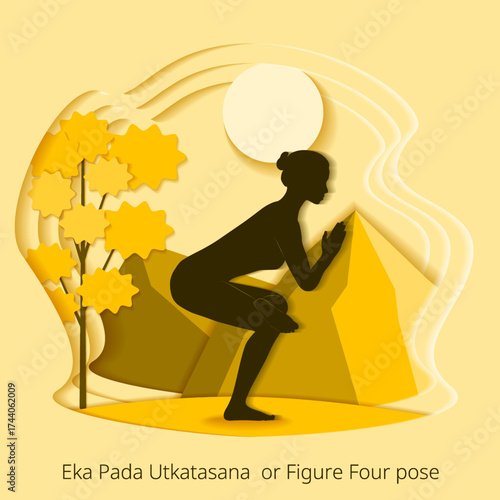 Eka Pada Utkatasana yoga pose. Figure Four yoga pose or One Legged Chair pose.  Paper cut design. Isolated vector illustration.