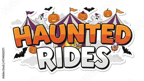 Haunted Rides Banner: A festive Halloween-themed banner announces Haunted Rides, with images of spooky characters and a carnival atmosphere.