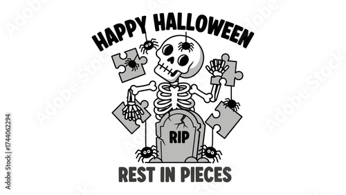 Spooky Halloween Skull Puzzle: A grinning skeletal figure, adorned with spider companions, playfully poses with puzzle pieces against a backdrop of the playful holiday of Halloween.