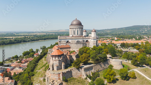 Drone View of Esztergom Basilica with Fortress in Hungary
