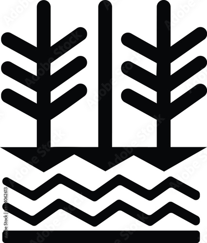 Black graphic icon of two stylized plants with wavy lines below