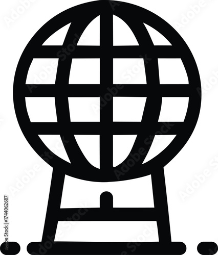 Black outline of a globe on a stand with grid lines and oval shapes below