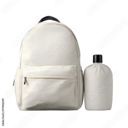 Cream-colored backpack and water bottle