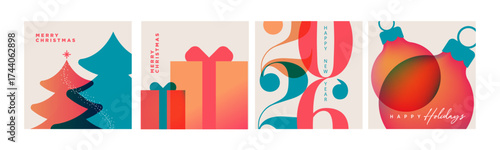 Christmas and New Year holiday card collection. Vector illustration templates for holiday greeting card, background, website and social media banner, marketing material.