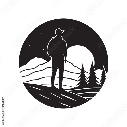 Man With Backpack Watching Sunset Silhouette Vector