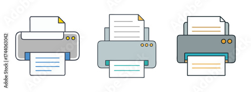 Illustration of three colorful printers, perfect for printing documents, photos, and other materials