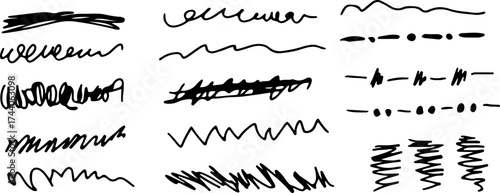 A grunge set of squiggles and scribbles. Drawn with a black brush. Vector set of grunge hand-drawn shapes, featuring scribbles, textured brush strokes, and sketchy designs. Vector illustration