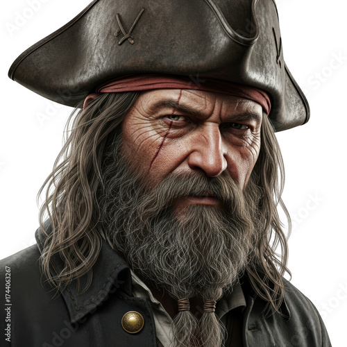 Grizzled pirate captain with scarred face and bushy beard ready for adventure transparent background