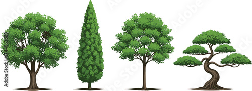 Cartoon tree illustration set, diverse tree shapes, artistic nature design, stylized foliage vector, landscape elements, botanical concept, white background