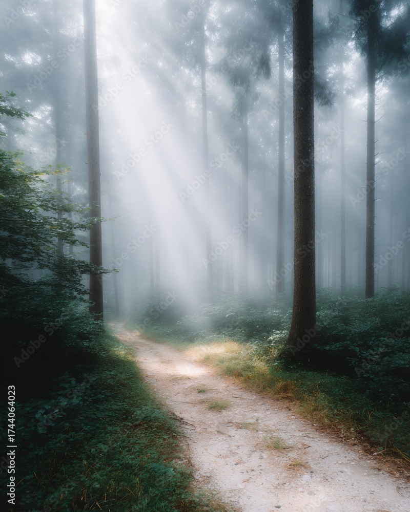 Naklejka premium Path through a forest with trees and a foggy sky