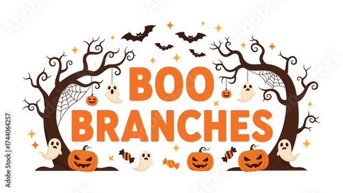 Spooky Boo Branches: A playful Halloween scene, featuring eerie branches and delightful jack-o'-lanterns, is perfect for conveying the spirit of the season. 