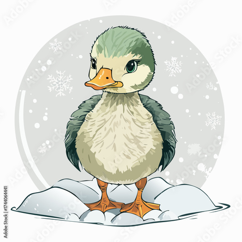 Ein kleines Entenküken sitzt oder watschelt im Schnee