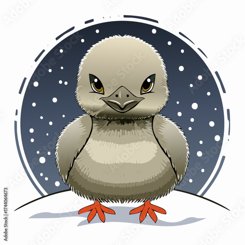 Ein kleines Entenküken sitzt oder watschelt im Schnee