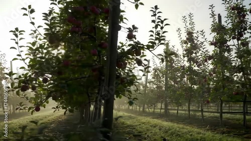Beautiful apple orchard with morning fog and sunlight shining through the trees