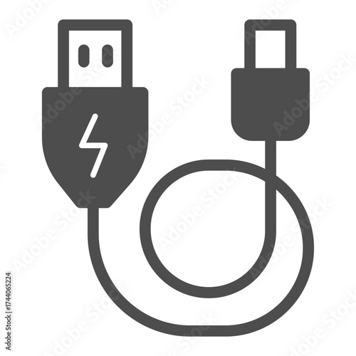 USB regular cord with adapter to mini solid icon, tech concept. Vector graphics. Regular wire sign on white background, glyph style icon for mobile or web design.