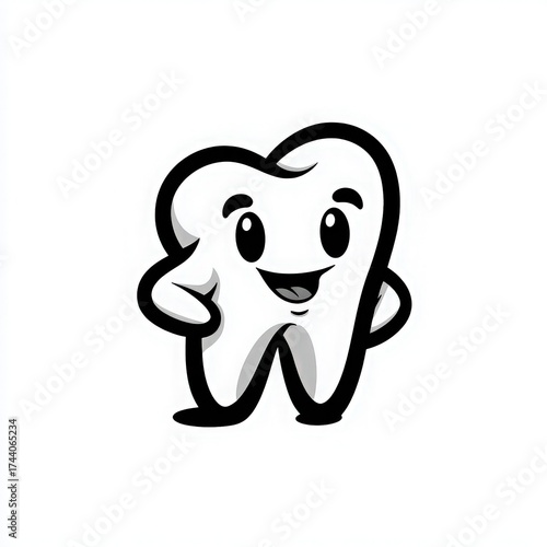 Adorable Cartoon Tooth Mascot Character with Smiling Face and Playful Gesture in Black and White Style