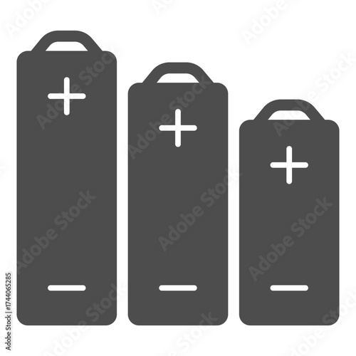 Batteries of different capacities solid icon, tech concept. Vector graphics. Battery sign on white background, glyph style icon for mobile or web design.