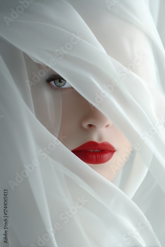 Striking Female Face with Bright Red Lips Artfully Framed by Sheer White Fabric Veil