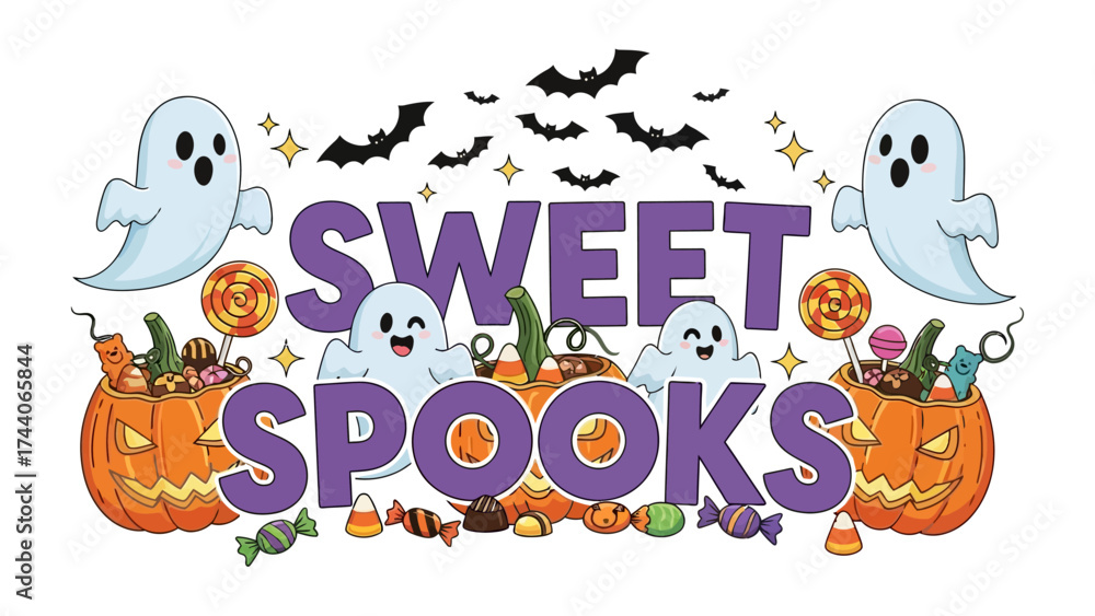 Obraz premium Sweet Spooks: A vibrant Halloween design, featuring a cheerful display of pumpkin and candy, inviting all to celebrate a delightful, spooky season. 