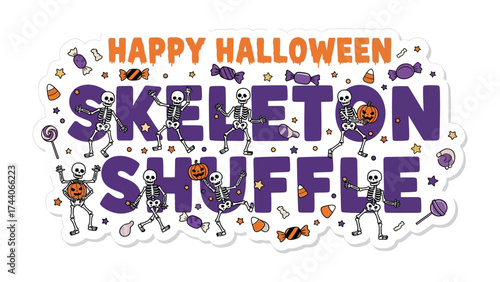Halloween Skeleton Shuffle: A festive illustration capturing the spirit of Halloween, showcasing playful skeletons dancing amidst candy and jack-o'-lanterns.