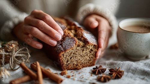 Fototapeta Naklejka Na Ścianę i Meble -  Delicious pumpkin spice banana bread served with a warm drink in a cozy setting