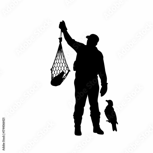 Silhouette of a wildlife ranger rescuing a trapped bird from a net isolated on white background