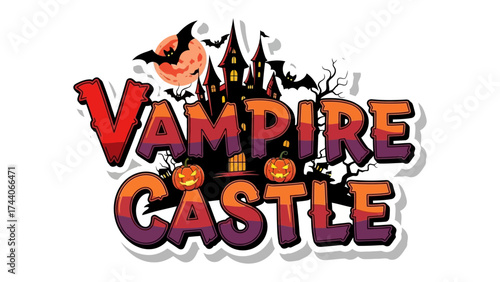 Vampire Castle: A spooky scene of a vampire castle with pumpkins, bats, and a full moon, capturing the essence of Halloween's haunting beauty.